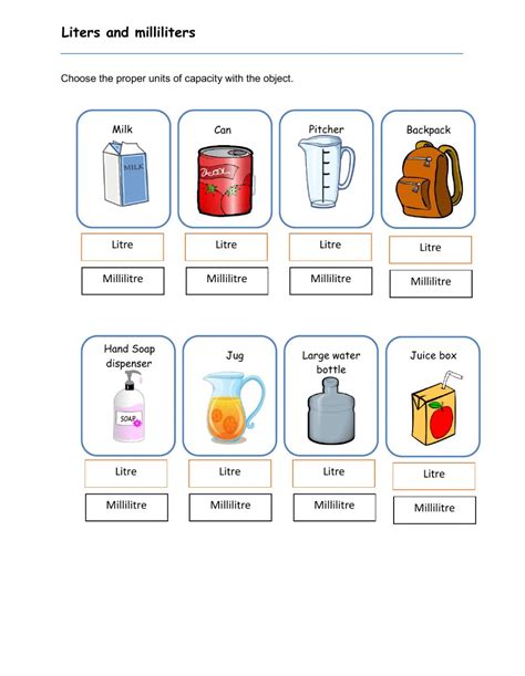 Measurement litre and millilitre worksheet