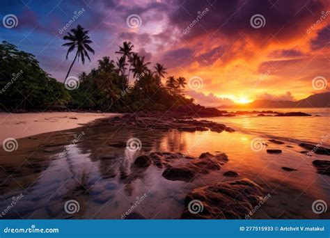 Landscape Of Paradise Tropical Island Beach Sunrise Stock Illustration