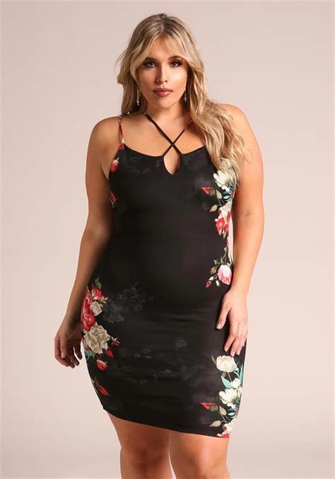 Plus Size Clothing Plus Size Floral Cross Strap Bodycon Dress