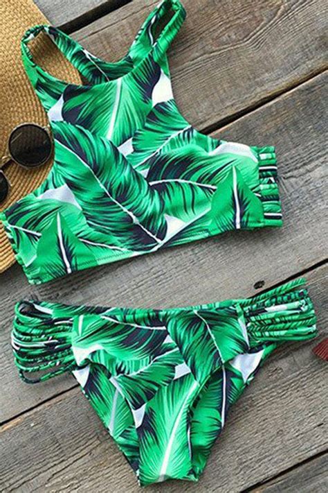 Floralkini Tropical Trip Leaf Print Bikini Set Modern Swimwear Bikinis High Neck Bikini Set