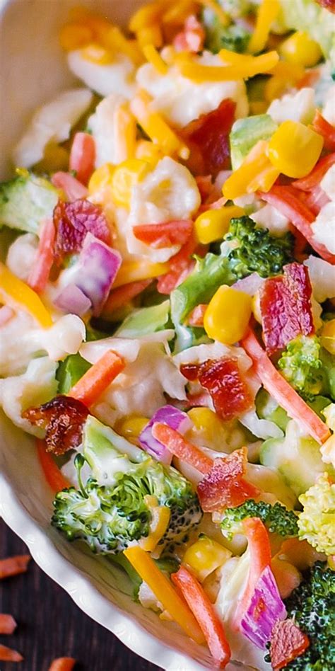 Creamy Broccoli Cauliflower Corn Bacon Salad With Sliced Carrots