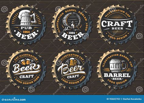Set Beer Logo On Caps Vector Illustration Emblem Brewery Design