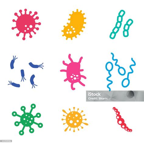 Ilustrații De Stoc Cu Vector Plat Bacterii De Culoare Icoane Set