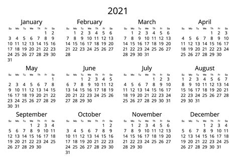 2021 Yearly Calendar Free Download  Format