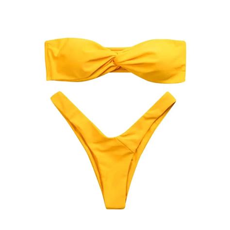 Klv Brazilian Women Swimwear Bandeau Twist Front Thong Bikini Swimsuit