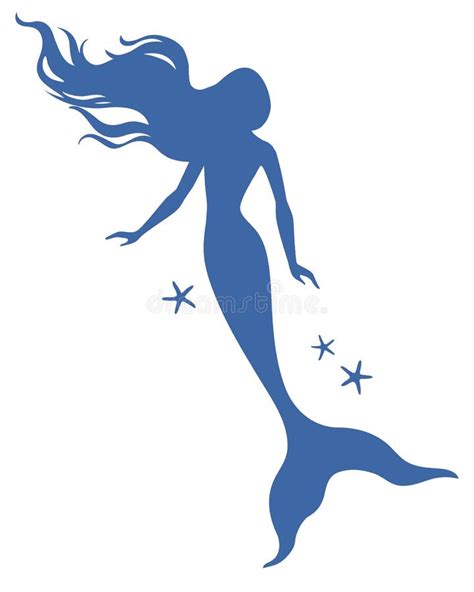 Mermaid Silhouette Hand Drawn Vector Illustration Isolated On Blue