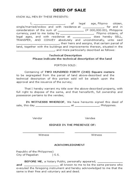 Deed Of Sale Of Registered Land Sample Templates Sample Printables