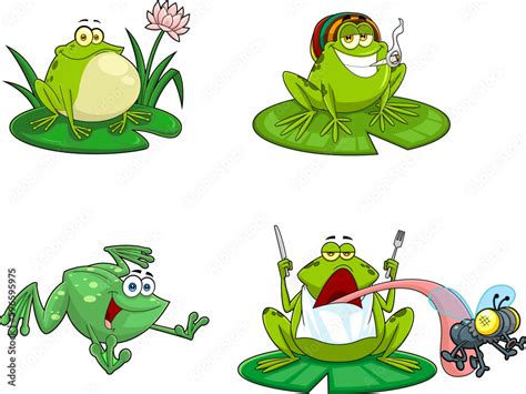 Green Frog Cartoon Characters Vector Hand Drawn Collection Set