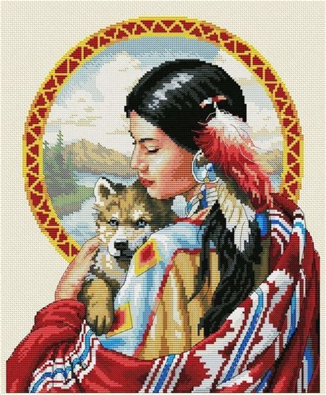 A Native American Woman With Two Wolfs In Her Lap Cross Stitch Pattern By Person