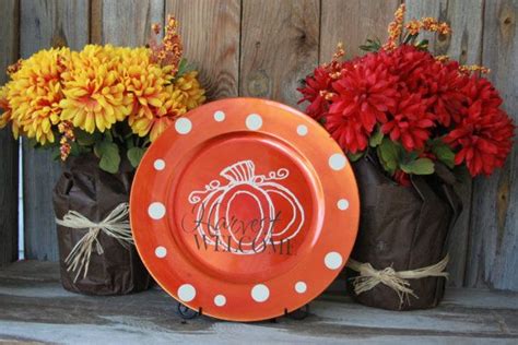 Harvest Welcome Charger Plate With Pumpkin And Polka Dots Fall