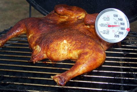 The safe internal temperature for cooked chicken is 165° fahrenheit (75° celsius). Man That Stuff Is Good!: Whole Chicken Cooked on Bubba Keg