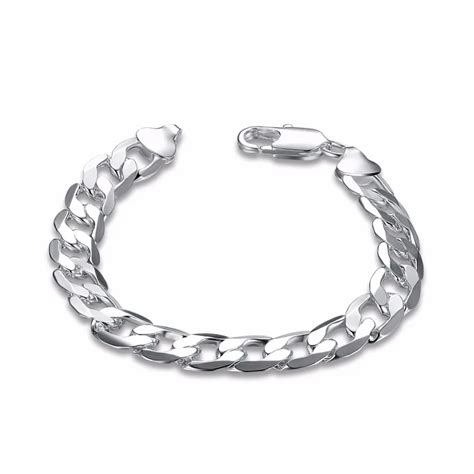 Hot 925 Sterling Silver Jewelry 10mm Wide Bracelet Flat Bracelet Men Simple Geometric Silverware