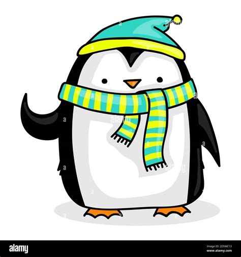 Cute Cartoon Penguin Wearing A Hat And A Striped Scarf Stock Photo Alamy