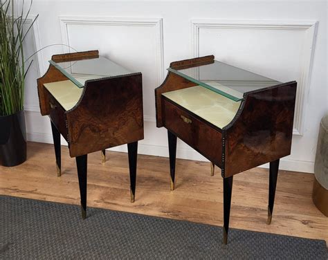 Mid Century Italian Art Deco Nightstands In Wood Brass And Glass 1950s Set Of 2 For Sale At Pamono