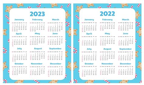 クリスマスの背景を持つ2022年と2023年のカレンダー。ジンジャーブレッドクッキーとロリーポップ。 プレミアムベクター