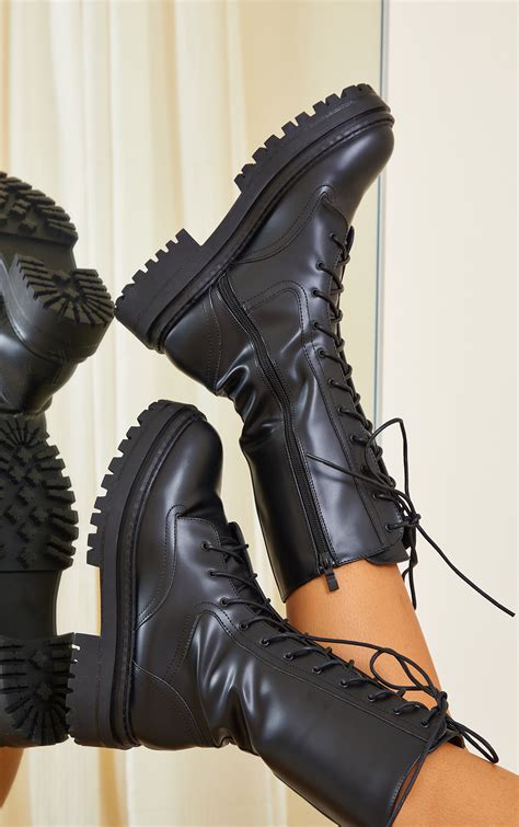 Black Calf High Lace Up Chunky Biker Boots Prettylittlething Aus