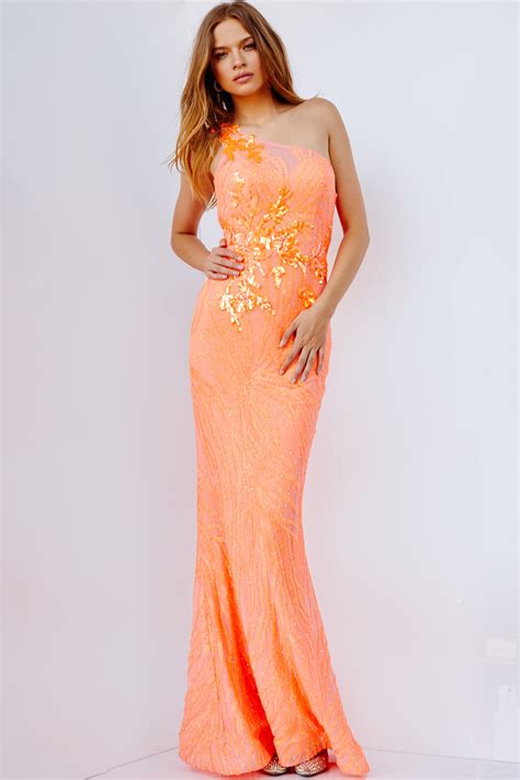 Jvn23604 Neon Orange Open Back Embellished Prom Dress Jvn