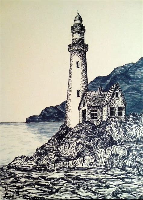 Stone Coast Lighthouse Art Nature Art Painting Lighthouse Drawing