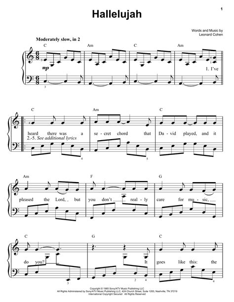 Hallelujah Sheet Music Leonard Cohen Easy Piano