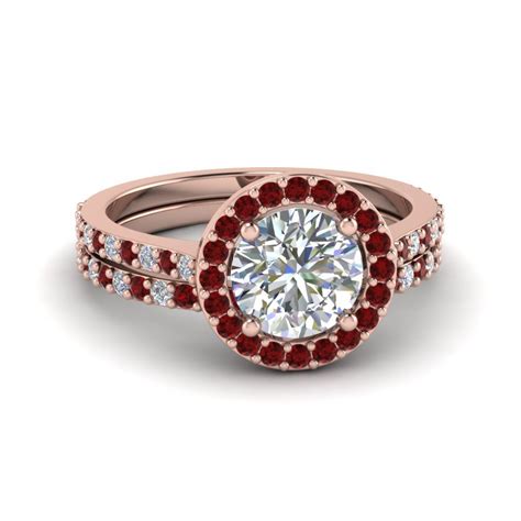 Round Cut Double Band Halo Diamond Wedding Ring Sets With Ruby In 950