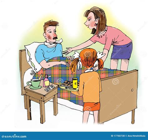 mother and daughter taking care of ill father royalty free illustration