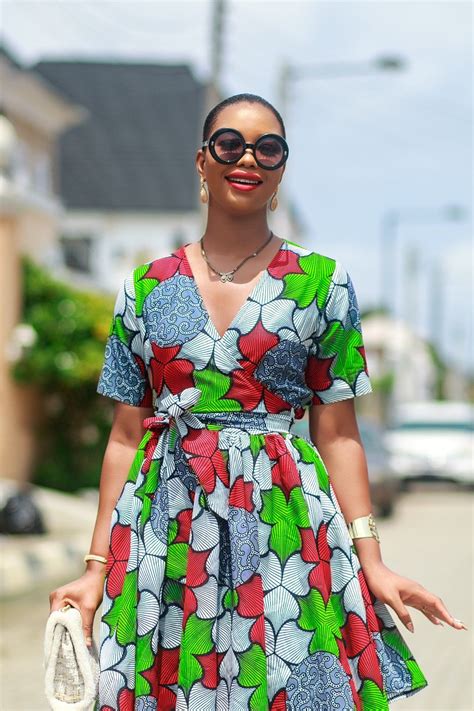 Angola African Print Wrap Dress In Red Green And White In 2021 Printed Wrap Dresses Short