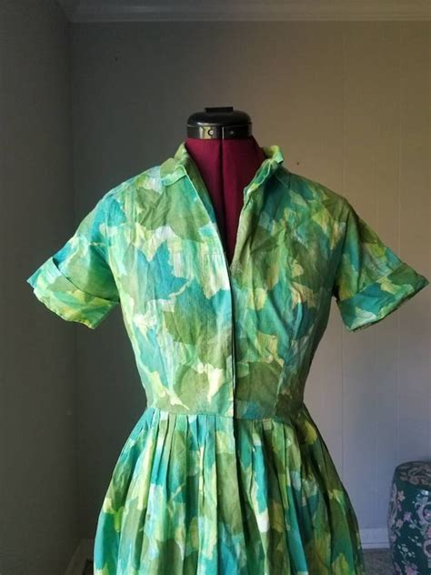 1950s blue green leaf print cotton day dress reto … gem