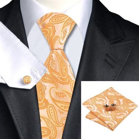 Sn 1067 Tie Hanky Cufflinks Sets Yellow And White Paisley Mens 100