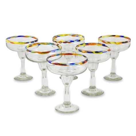 Set Of 6 Artisan Crafted Blown Glass Margarita Glasses Confetti Path