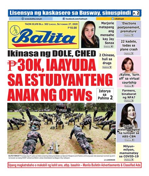Balita September 27 2020 Newspaper Get Your Digital Subscription
