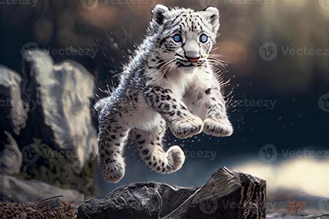 Snow Leopard Jumping In The Air Over Rocks 22888935 Stock Photo At Vecteezy
