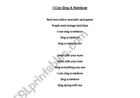 English Worksheets I Can Sing A Rainbow Lyrics Poster And Flashcards
