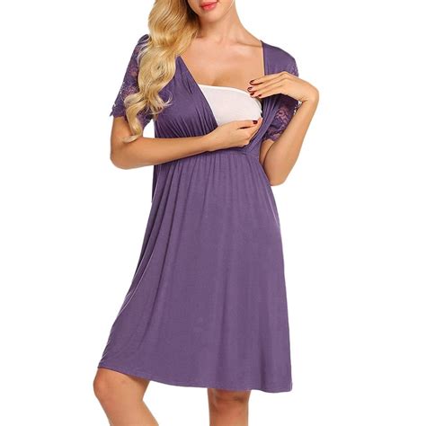 Maternity Clothes Nursing Nightgown Pajamas V Neck Short Sleeve Lace Stitching Breastfeeding