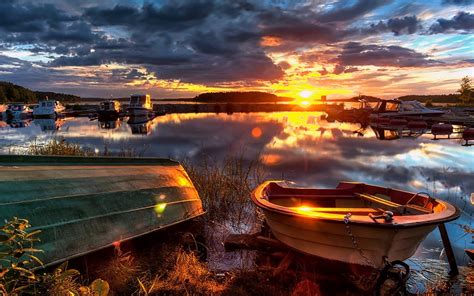 Spectacular Sunset Ocean Boats Reflection Hd Wallpaper 801372