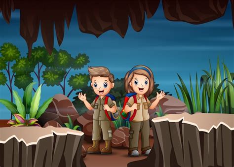 Premium Vector Cartoon Children Exploring The Cave
