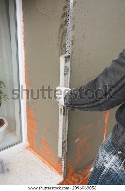 Plastering External Window Corners Building Contractor Stock Photo