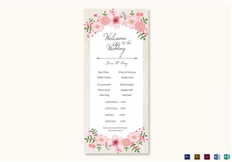 pink floral wedding program card design template  psd