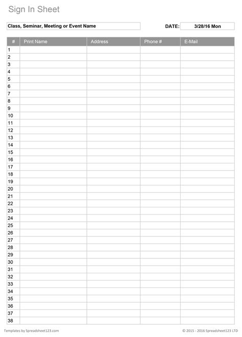 Free Printable Sign In Sheet Template