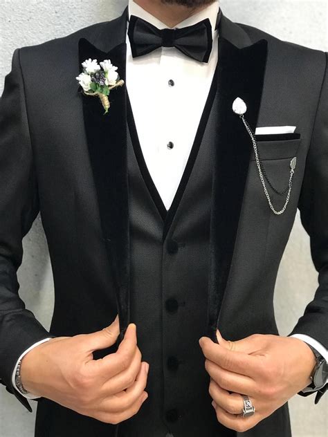 Acacia Black Slim Fit Velvet Tuxedo Groom Suit Black Wedding Suits Men Black Black Tuxedo