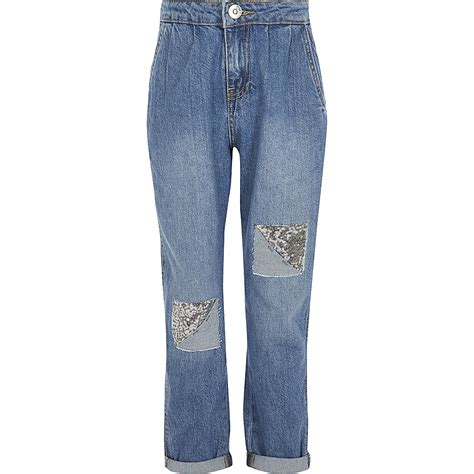 Girls Blue Sequin Patch Mom Mid Rise Jeans River Island