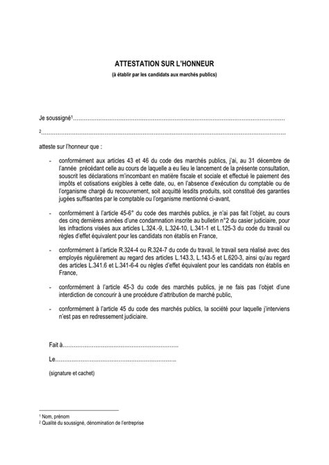 Exemple D Attestation Sur Lhonneur DOC PDF Page Sur