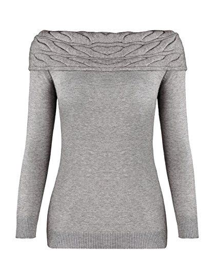 Ouges Womens Long Sleeve Off Shoulder Knit Pullover Sweatergrays