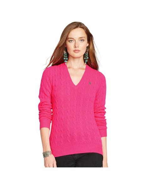 Polo Ralph Lauren Cable Knit V Neck Sweater In Pink Lyst