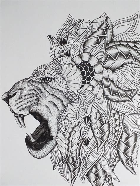 Zentangle Lion Art Print Animal Mandala Illustration Geometric Ink