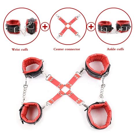 Red Pu Leather Sponge Erotic Toys For Adults Sex Handcuffs Ankle Cuffs Bdsm Bondage Set For