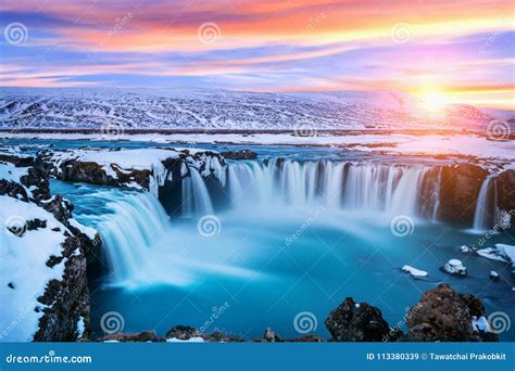 Godafoss Waterfall At Sunset In Winter Iceland Stock Image Image Of