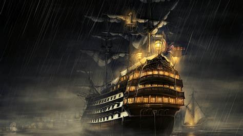 Sailing Ship Sea Night Rain Lights Artwork 1920x1080 Wallpaper