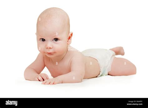 Baby Boy Lying On Tummy Isolated On White Background Stock Photo Alamy