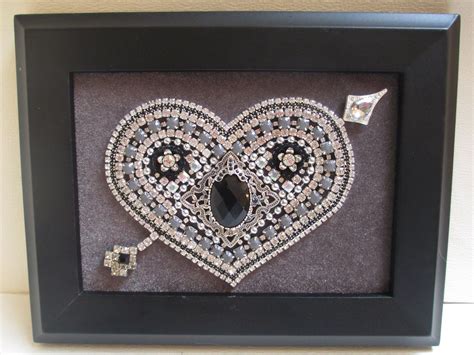 Jeweled Framed Jewelry Art Valentine Heart Silver Gray Black Etsy