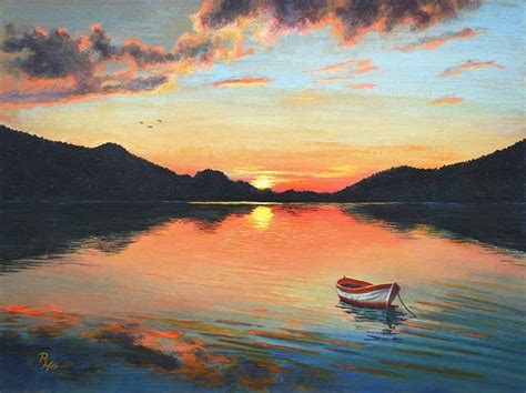 Sunset Over A Mountain Lake Acrylic Painting Sunset Landscape